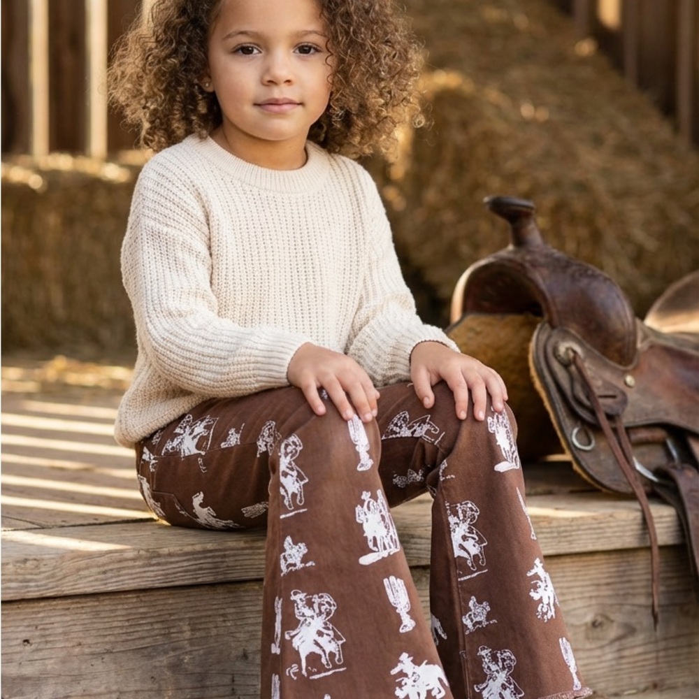 Girls' Vintage Cowboy Print Bell Bottom Jeans | Retro Western Flare Pants